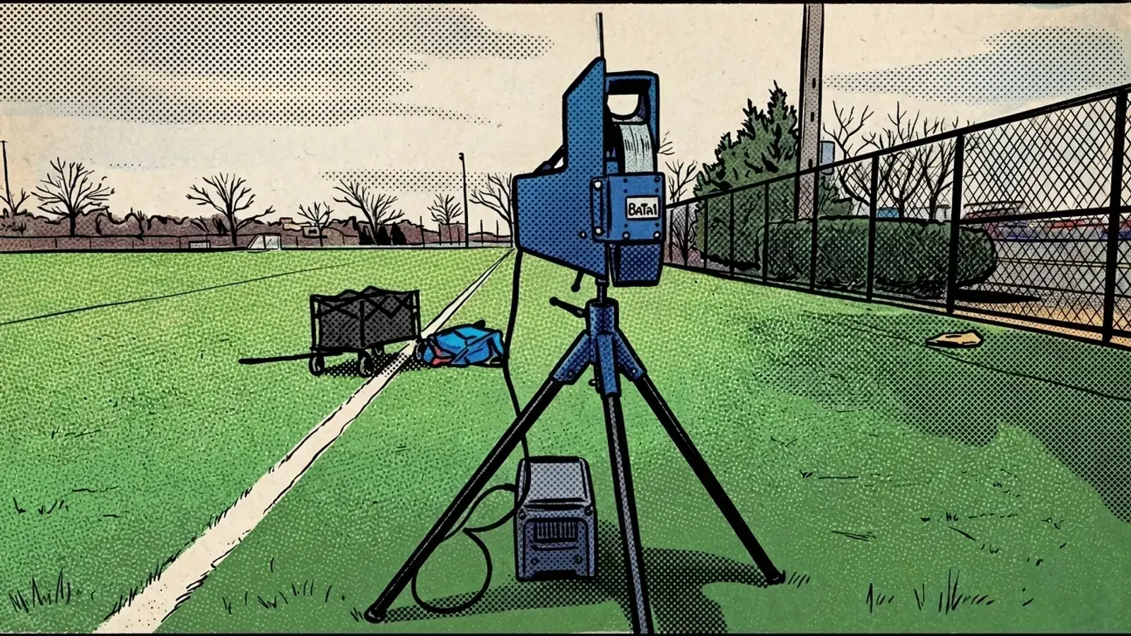 Comic panel of a BATA-1 pitching machine on a tripod at a ball field with a power station on the grass beside it