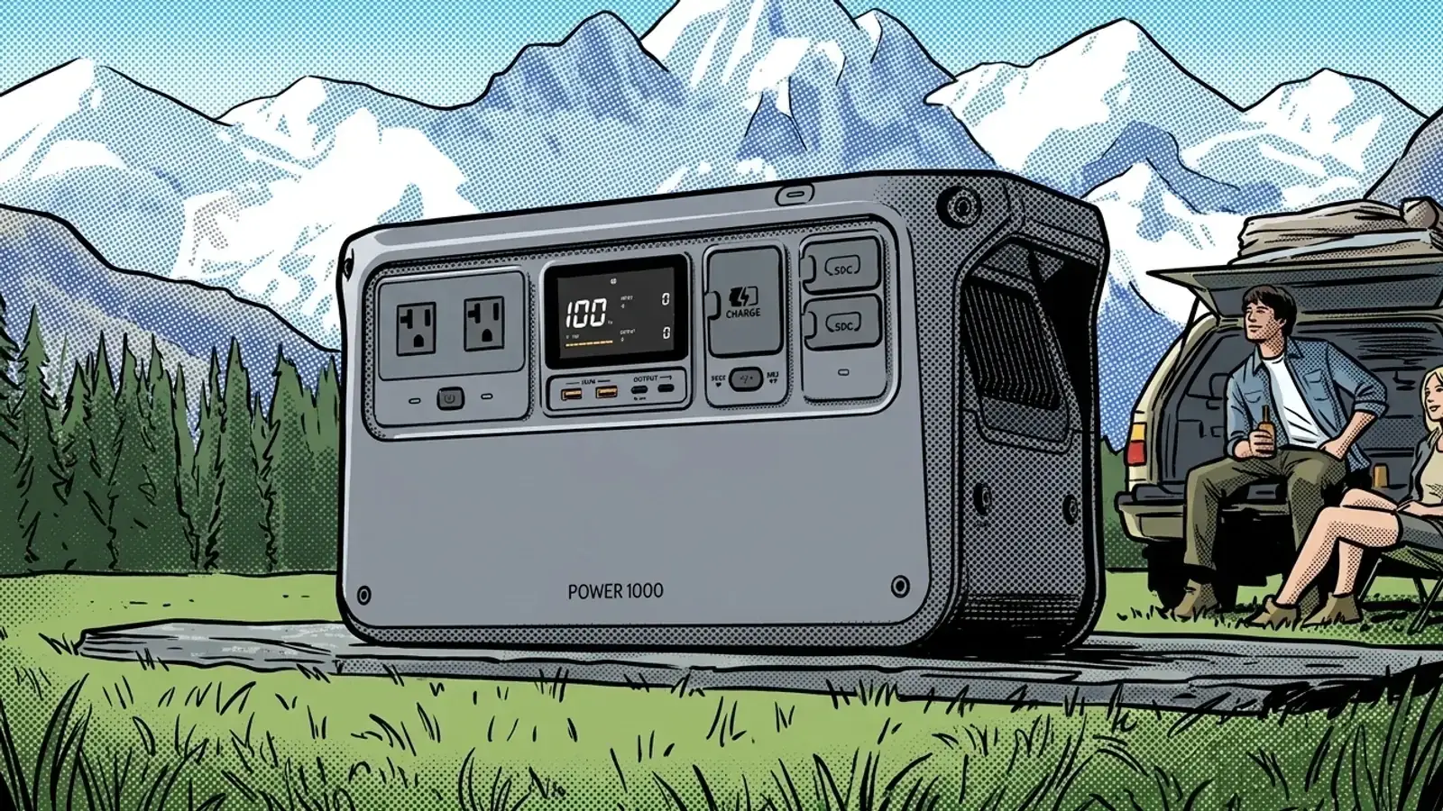 Comic panel of the DJI Power 1000 portable power station sitting in a grassy field with mountains behind it