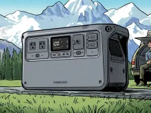 Comic panel of the DJI Power 1000 portable power station sitting in a grassy field with mountains behind it