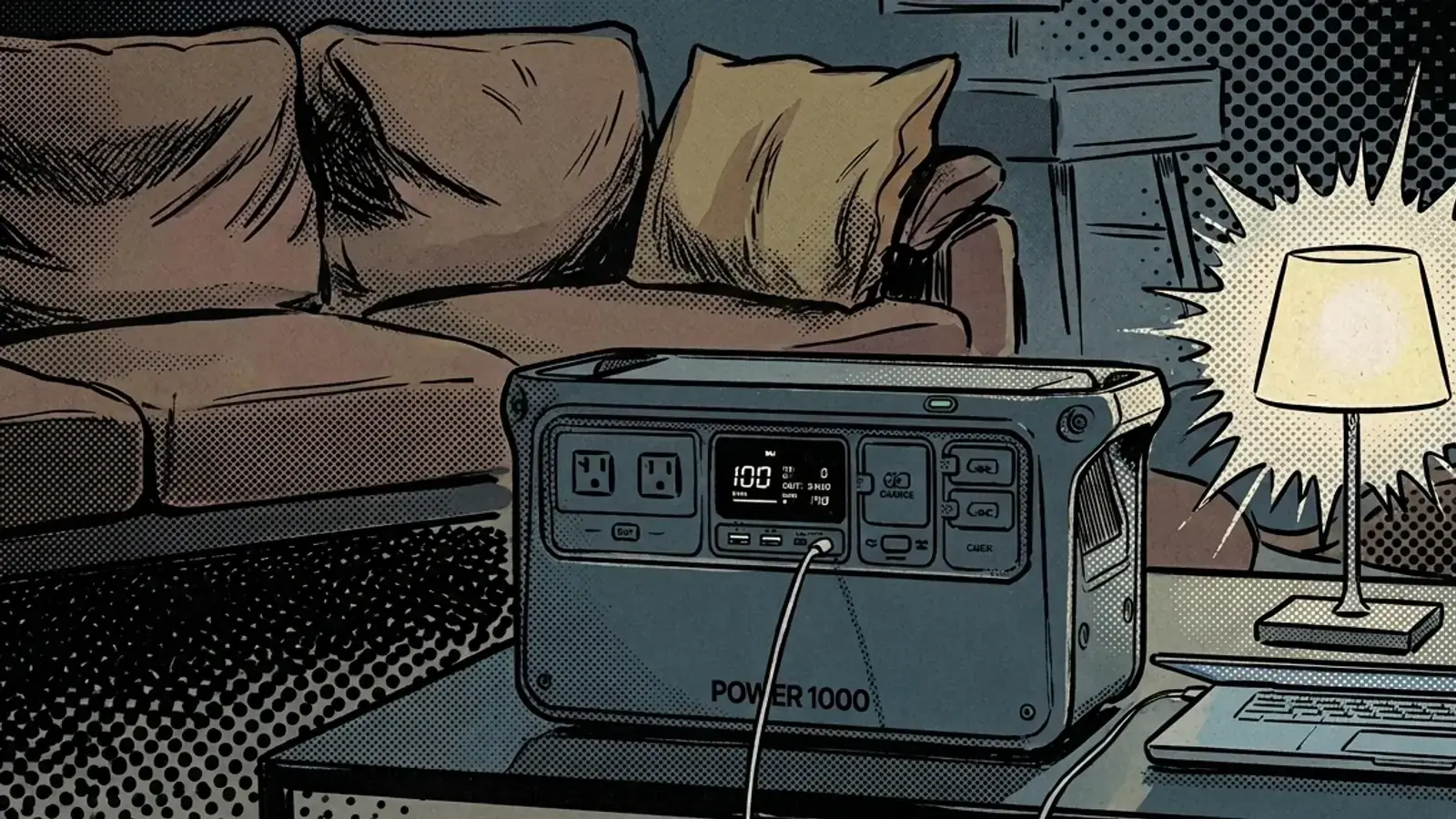 Comic panel of a dark apartment living room during an outage with a power station running a lamp and a laptop