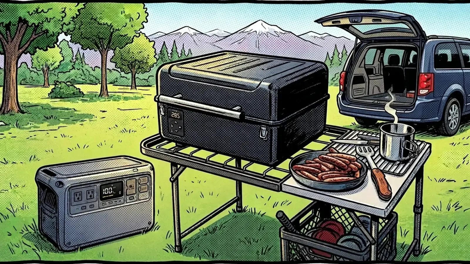 Comic panel of a portable pellet grill and a power station set up on a folding table beside a mini-van in a park