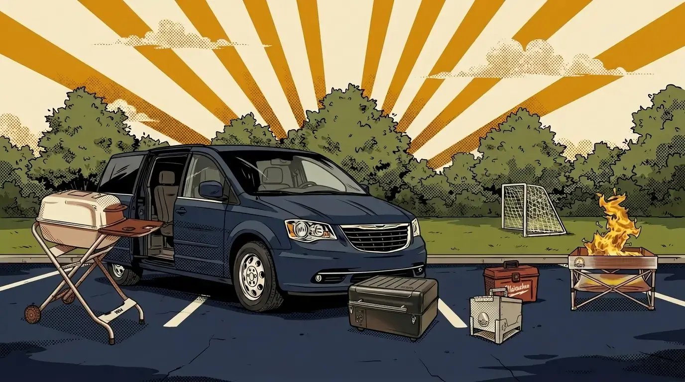 Comic panel of the mini-van in a park lot with its sliding door open, the four grills lined up in front of it, a tool box on the ground and a soccer goal in the grass behind